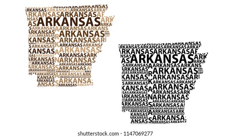 Sketch Arkansas (United States of America, The Natural State, The Bear State) letter text map, Arkansas map - in the shape of the continent, Map Arkansas - brown and black vector illustration