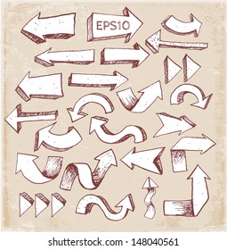 Sketch arrow collection in vintage style. Hand drawn with ink. Vector illustration. 