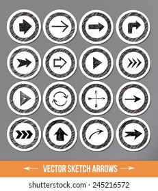 Sketch arrow collection for your design. Vector sketch illustration. Sketch arrows on paper-cut circles with realistic shadows.