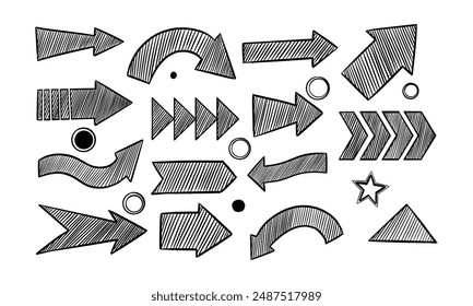 Esboce la colección de flecha para su diseño. Dibujado a mano con tinta. Ilustración de boceto de Vector.