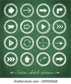 Sketch arrow collection for your design on green chalkboard. Vector sketch illustration. 