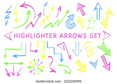 Sketch arrow highlight marker set vector illustration. Group of neon colors arrows and pointers, felt marker style symbols for hand drawn diagrams, mind maps and planning highlight drawings