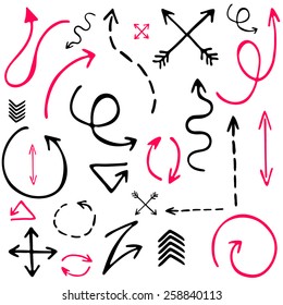 Sketch arrow set, hand draw arrows. Perfect for design. Vector illustration