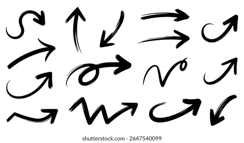 Conjunto de vetores de seta de esboço. Setas desenhadas à mão, marca ponto ícone coleção de design para negócio e educação elemento de design