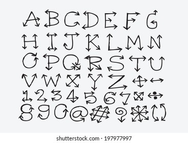 sketch arrows alphabet  , Arrow font A through Z and numbers