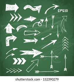 Sketch arrows collection for your design on blackboard. Vector chalkboard illustration. 