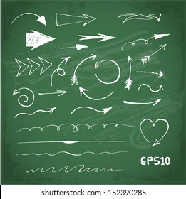 Sketch arrows collection for your design on blackboard. Vector chalkboard illustration. 