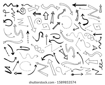 Sketch arrows. Doodle black arrow direction line symbols. Scribble way pointers vector set
