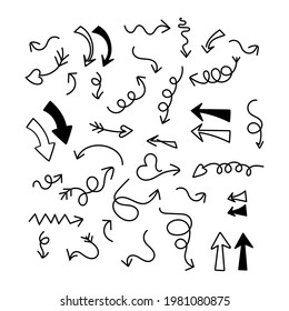 Sketch arrows. Doodle black arrow direction line symbols. Scribble way pointers vector set