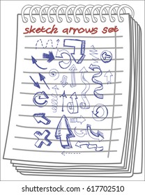 Sketch arrows on notebook background. Free hand drawn. Vector illustration.