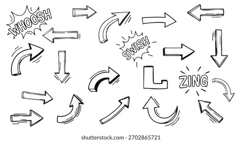 Sketch arrows pointing direction motion collection hand drawn elements comic book sound effects doodles