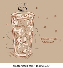 Sketch art banner with a glass of lemonade with ice, decorated with stars and crown, on brown background