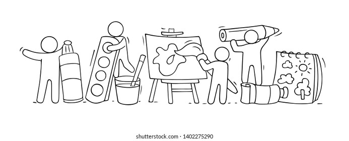 Sketch of art class with working little people. Doodle cute miniature of teamwork and drawing symbols. Hand drawn cartoon vector illustration for school subject design.