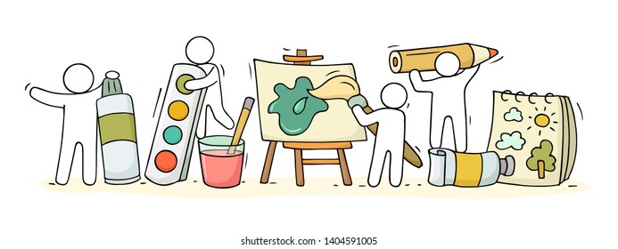 Sketch Of Art Class With Working Little People. Doodle Cute Miniature Of Teamwork And Drawing Symbols. Hand Drawn Cartoon Vector Illustration For School Subject Design.