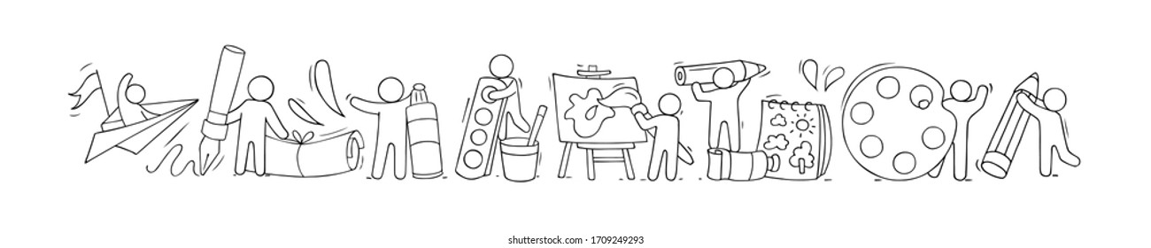 Sketch of art class with working little people. Doodle cute miniature of teamwork and drawing symbols. Hand drawn cartoon vector illustration for school subject design.