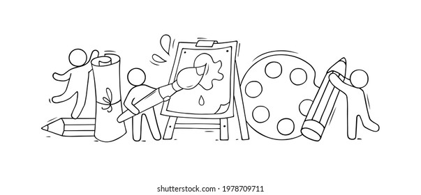 Sketch of art class with working little people. Doodle cute miniature - easel and drawing symbols. Hand drawn cartoon vector illustration for school subject design.