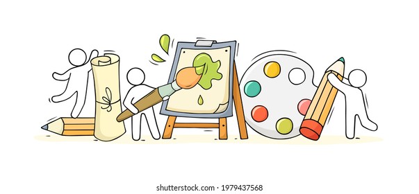 Sketch of art class with working little people. Doodle cute miniature - easel and drawing symbols. Hand drawn cartoon vector illustration for school subject design.