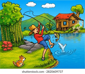 Sketch art drawing full colour Fishing