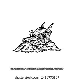 Sketch art engraving dragon head in the sky vector isolated on white background