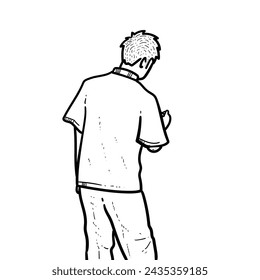 Sketch Art Guy or Boy or man doing vandalism with spraying drawing skecth on the wall on white Background vector modern illustration