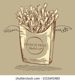 Sketch art of a packet of french fries with text - french fries - and wings over a neutral light brown background in a healthy diet concept, vector illustration.