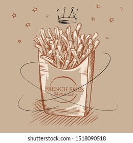 Sketch art of a packet of french fries with text - french fries - , decorated with stars and crown, on brown background. Vector illustration.