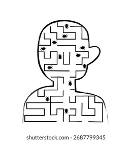 Esboço arte mostrando um homem com um labirinto dentro de sua cabeça, representando o pensamento e desafios mentais. Estilo desenhado à mão com linhas claras, com foco no pensamento, confusão e esforço mental.