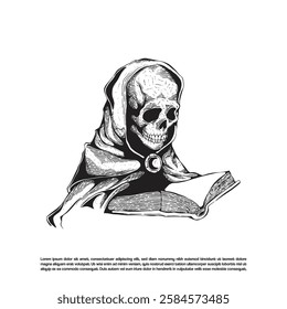 sketch art skeleton wearing hooded cloak reading ritual book vector illustration 