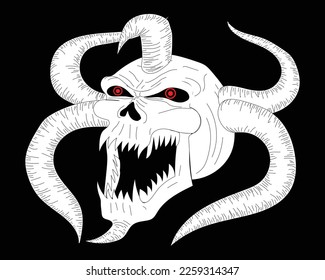 sketch art vector design of a skull with red eyes with six horns around the skull and appears to be opening its mouth and has canines and sharp teeth