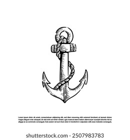 Sketch art vintage anchor with rope vector art illustration