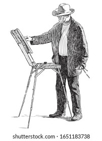 Sketch of artist in a hat paints in open air