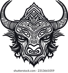 The sketch artist masterfully blends ethnic tribal motifs with the majestic features of a white and black bull's face, resulting in a captivating artwork that radiates power and cultural significance.