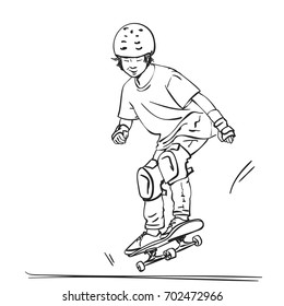 Sketch Asian boy skateboarder in full protection   helmet jumping skateboard  Hand drawn line art vector illustration isolated white background