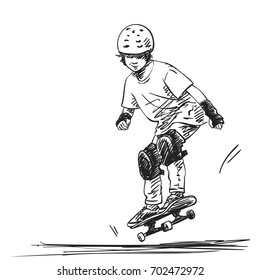 Sketch of Asian boy skateboarder in full protection and helmet jumping on skateboard, Hand drawn line art vector illustration isolated on white background