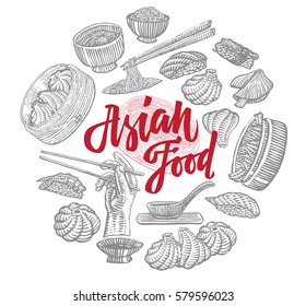 Sketch Asian food elements round composition with traditional meals of chinese and japanese cuisines isolated vector illustration