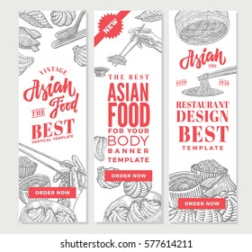 Sketch asian food vertical banners with traditional japanese and chinese products for restaurant design vector illustration