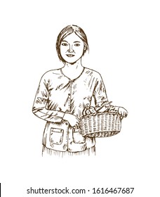 Sketch of asian gardener woman, basket of harvested vegetables. Hand drawn illustration.