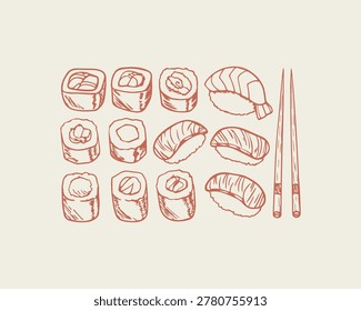 Sketch of assorted sushi rolls and nigiri with chopsticks japanese food hand drawn line art raw fish rice ball chopsticks illustration background appetizer delicious restaurant