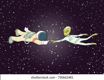 Sketch of astronaut and alien. Doodle cute scene about first contact. Hand drawn cartoon vector illustration for science design.
