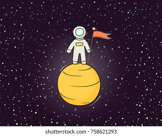 Sketch astronaut with flag. Doodle cute scene about space reseach. Hand drawn cartoon vector illustration for science design.