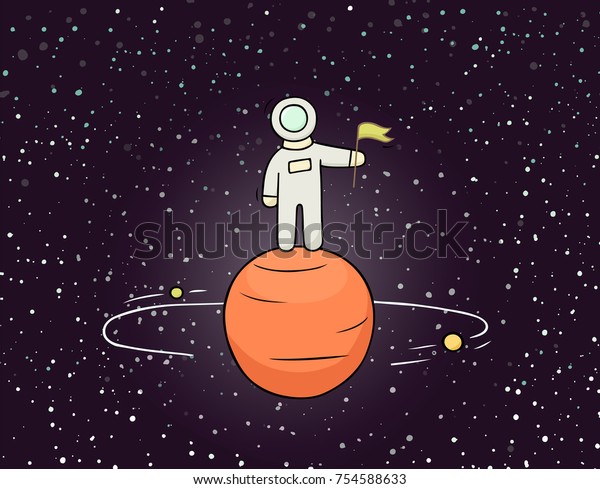 Sketch astronaut with flag. Doodle cute scene\
about space reseach. Hand drawn cartoon vector illustration for\
science design.