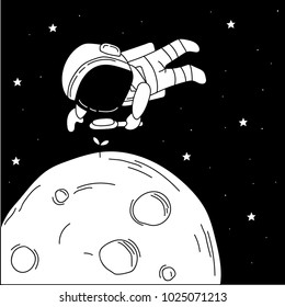 Sketch of astronaut with loupe. Doodle cute scene about space research. Hand drawn cartoon vector illustration for science design.
