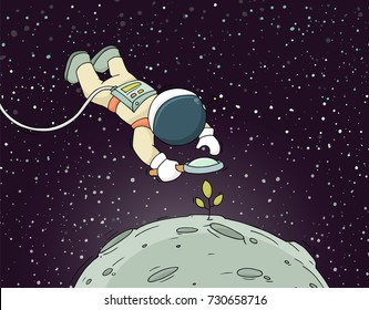 Sketch of astronaut with loupe. Doodle cute scene about space research. Hand drawn cartoon vector illustration for science design.