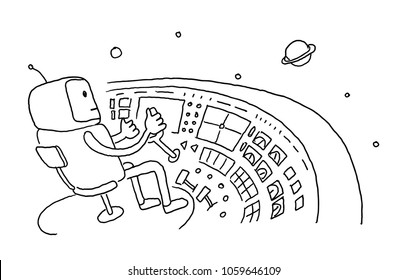 Sketch astronaut man robot alien character on flying saucer in space. Flying saucer driver wheel. Hand drawn black line vector illustration.