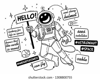 sketch astronaut in a spacesuit comic attributes black and white