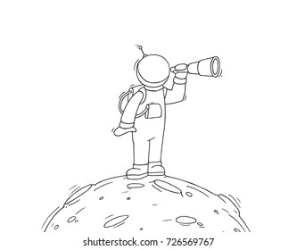 Sketch of astronaut with spyglass. Doodle cute scene about space research. Hand drawn cartoon vector illustration for science design