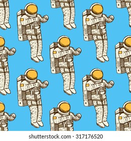 Sketch Astronaut In Vintage Style, Vector Seamless Pattern