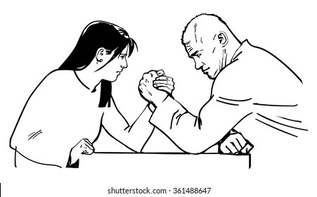 Sketch of attractive young couple arm wrestling. Hand drawn vector illustration