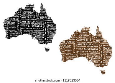 Sketch Australia letter text continent, Australia word - in the shape of the continent, Map of continent Australia - brown and black vector illustration