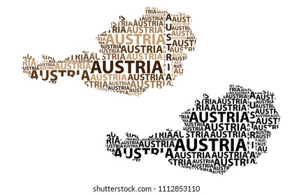 Sketch Austria letter text map, Albania - in the shape of the continent, Map Republic of Austria - brown and black vector illustration